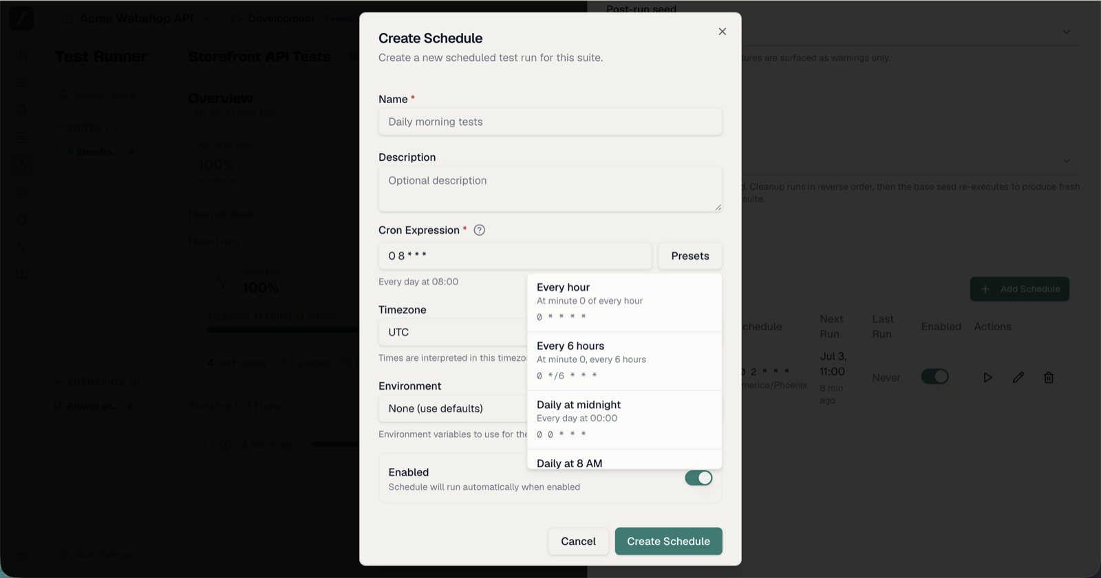 The Create Schedule dialog with cron presets open