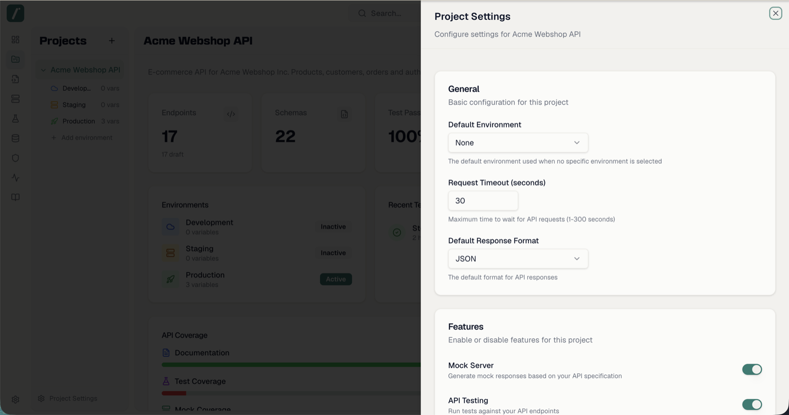The Project Settings sheet showing General and Features sections