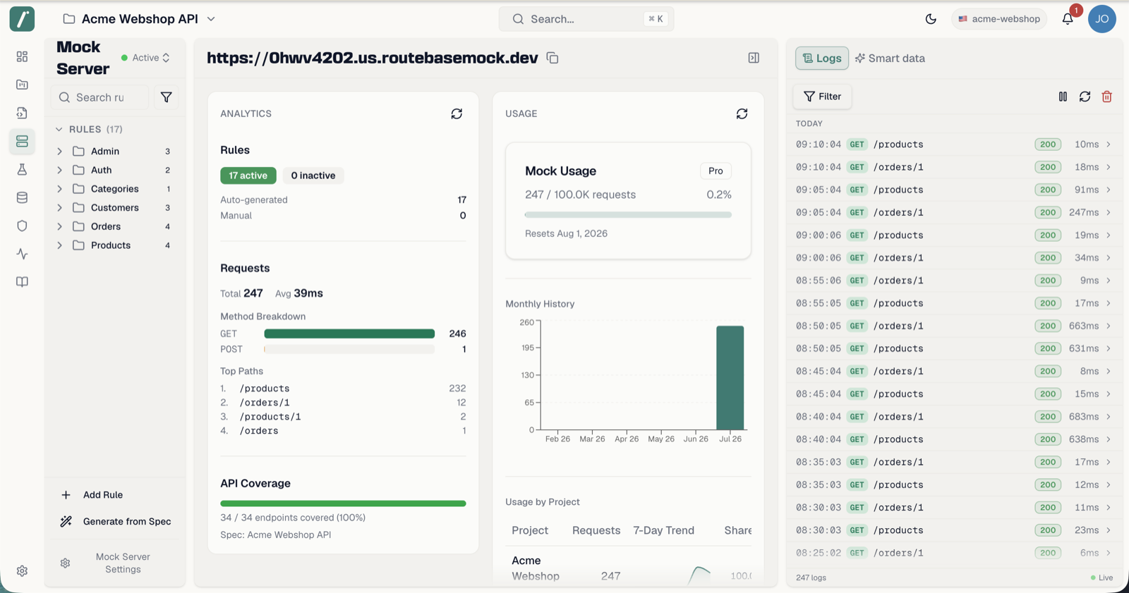 The mock server workspace with the rule tree, rule editor, and logs panel