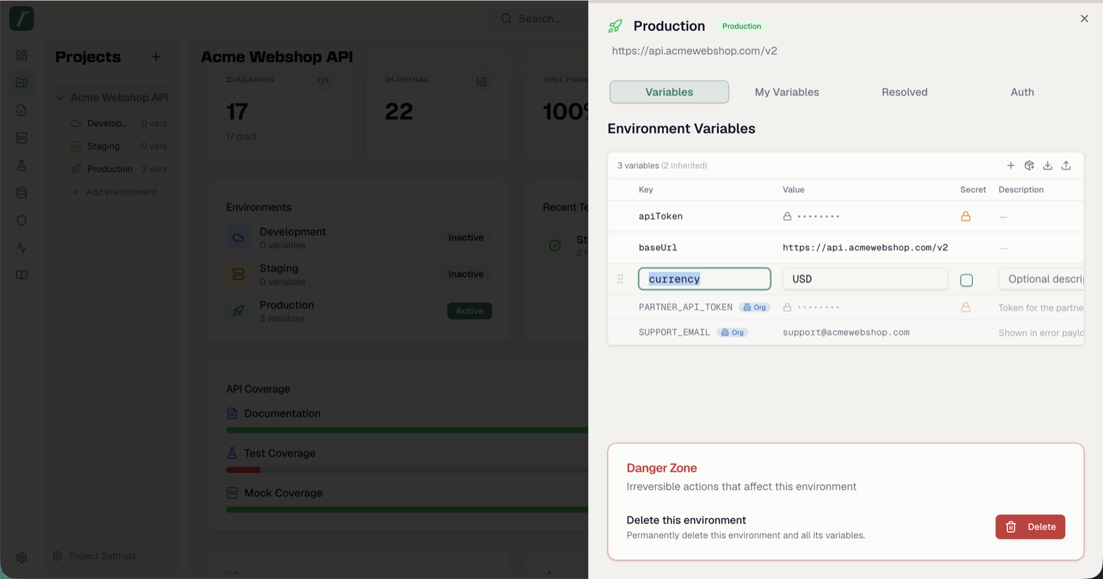 The environment variables table with a row in inline edit mode