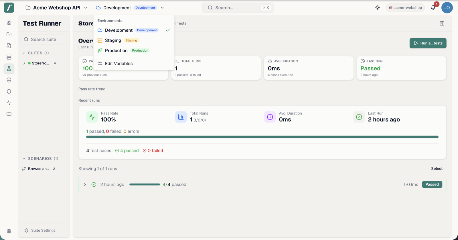 The environment switcher dropdown in the header