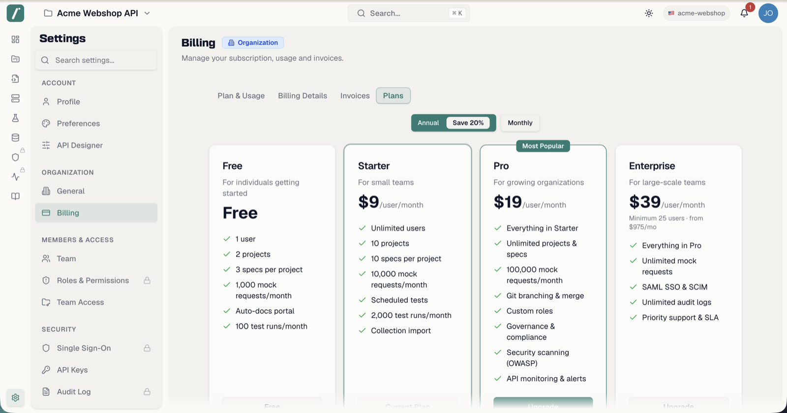 The Plans tab with the four plan cards and the annual/monthly toggle