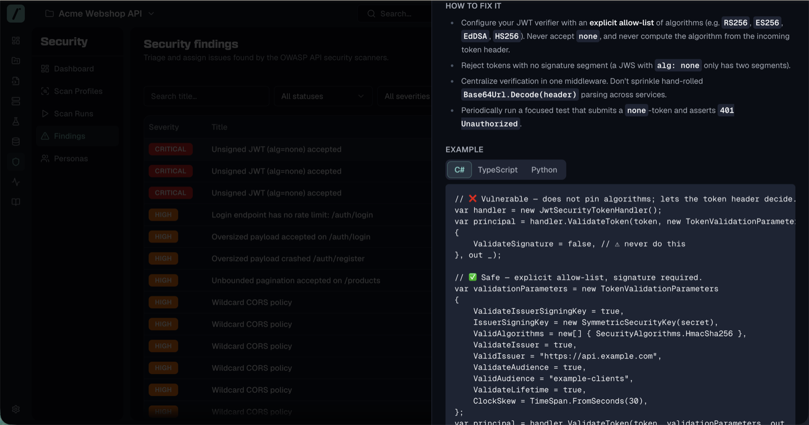 Finding detail side sheet showing the Guidance tab with remediation and code example