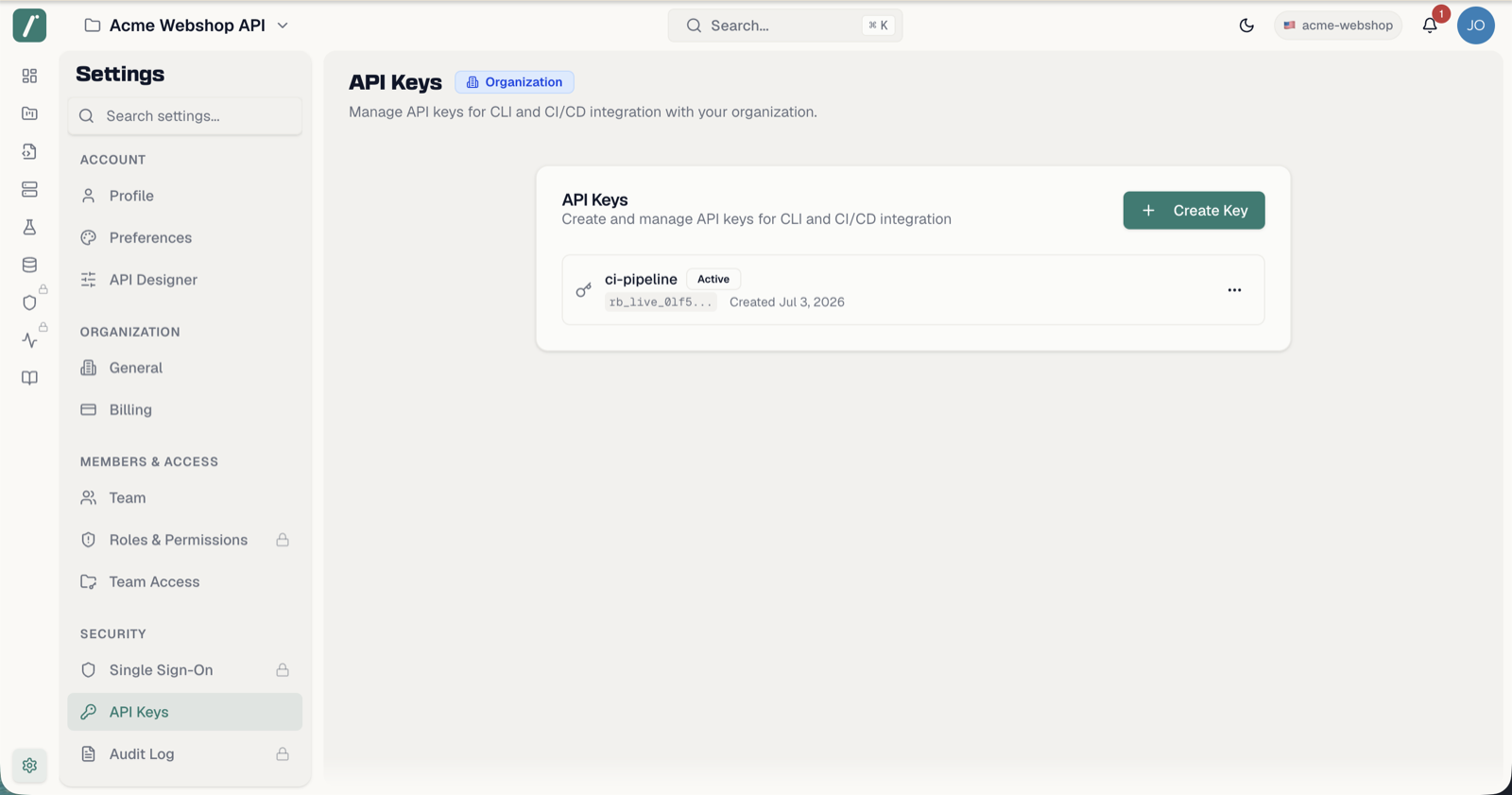 The API Keys list with active and revoked keys