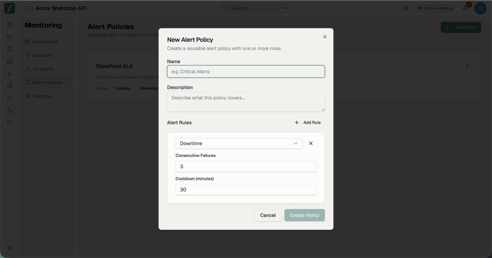 The Alert Policies page with a policy dialog open