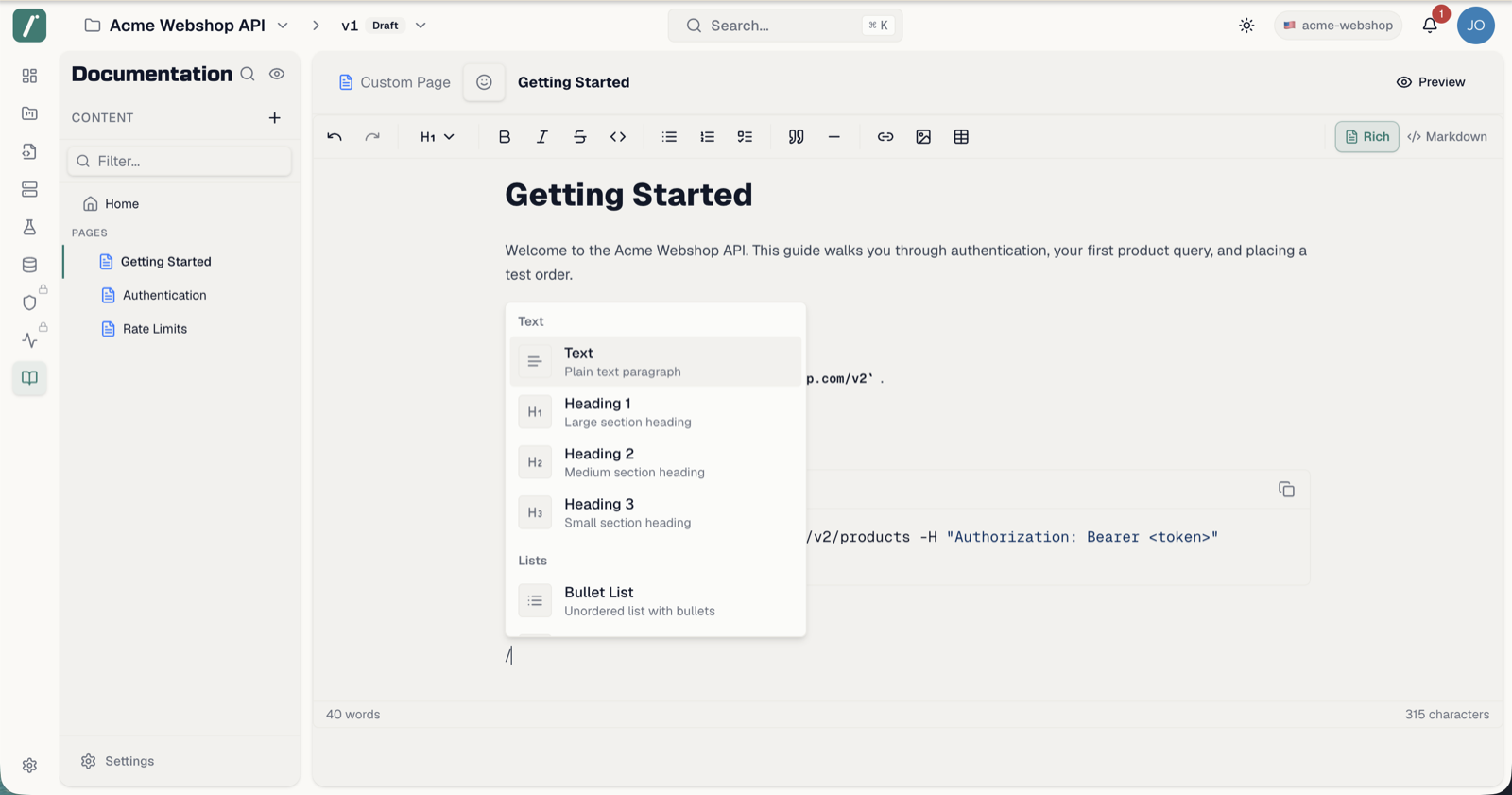 A documentation page open in the editor with the slash command menu visible