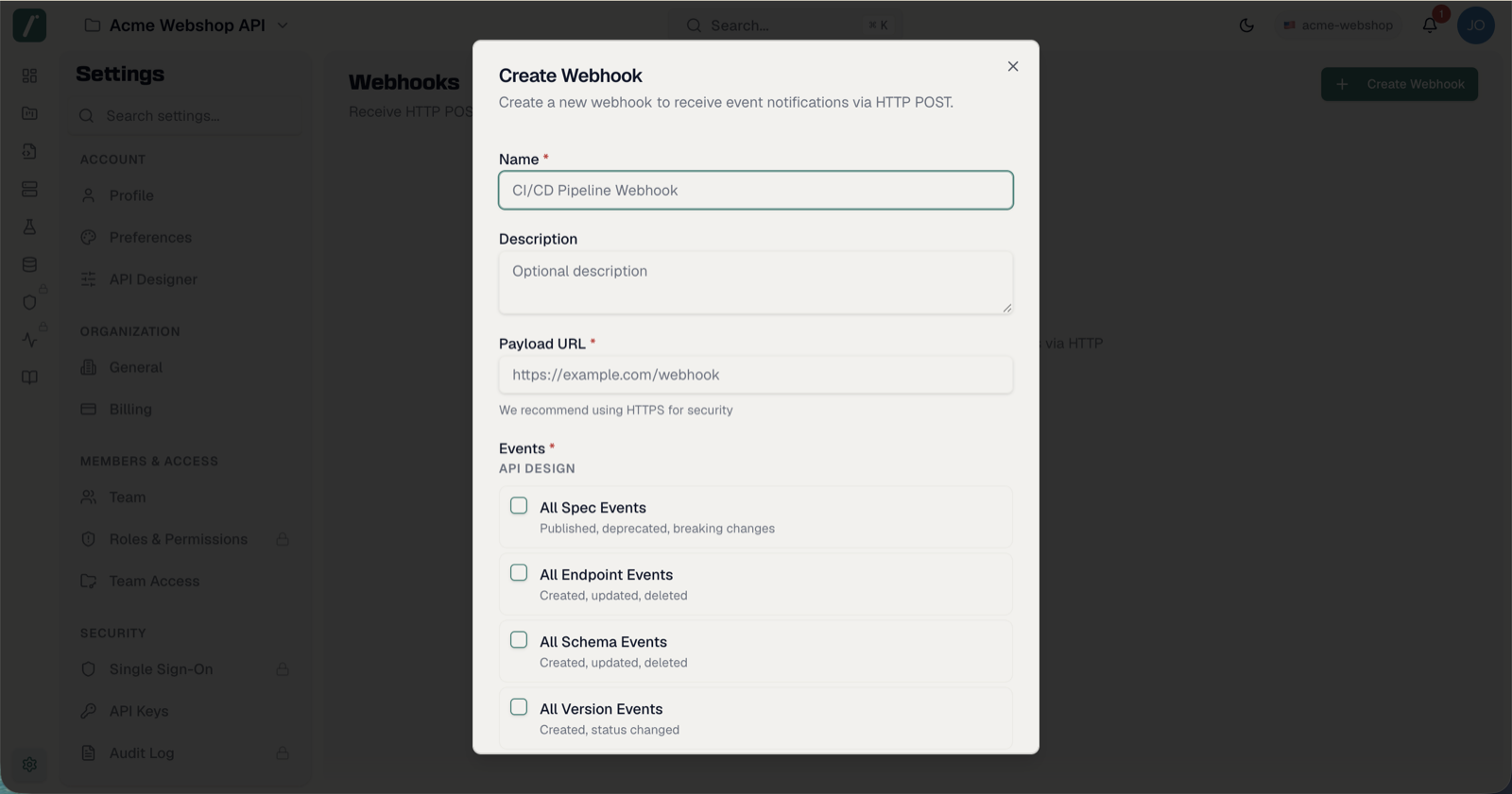 The Create Webhook dialog with name, payload URL, event selection and max retries