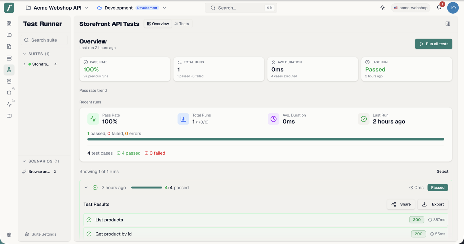 The results panel with assertion results and timing breakdown