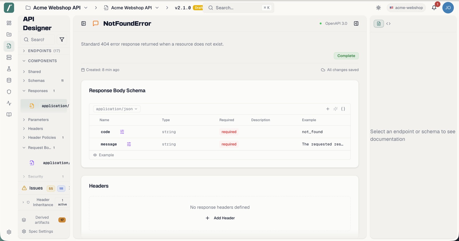 The Components section in the sidebar with responses and request bodies