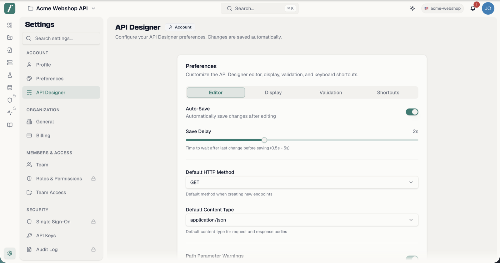 The API Designer preferences page with the Editor, Display, Validation and Shortcuts tabs