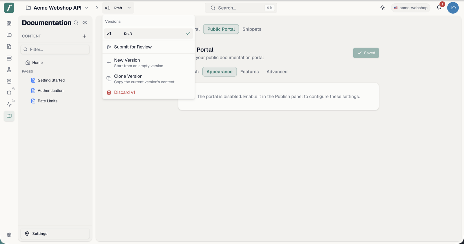 The version switcher popover with the version list and status actions