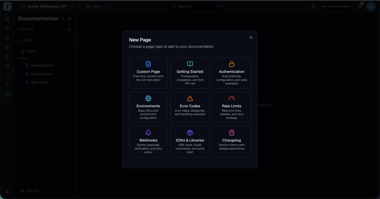 The template picker with the template list and content preview