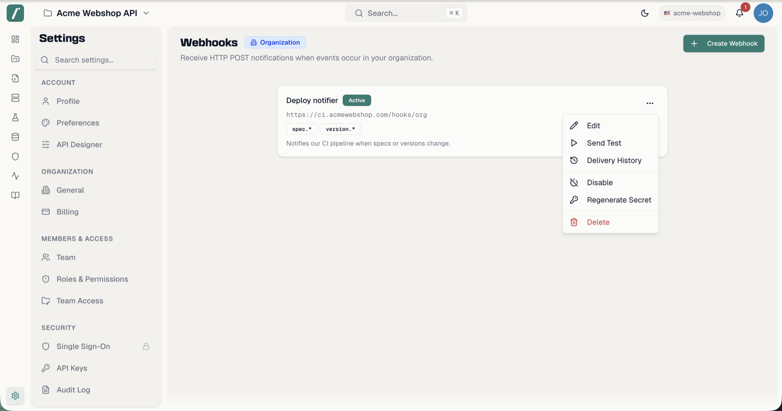 A webhook card with its actions menu open