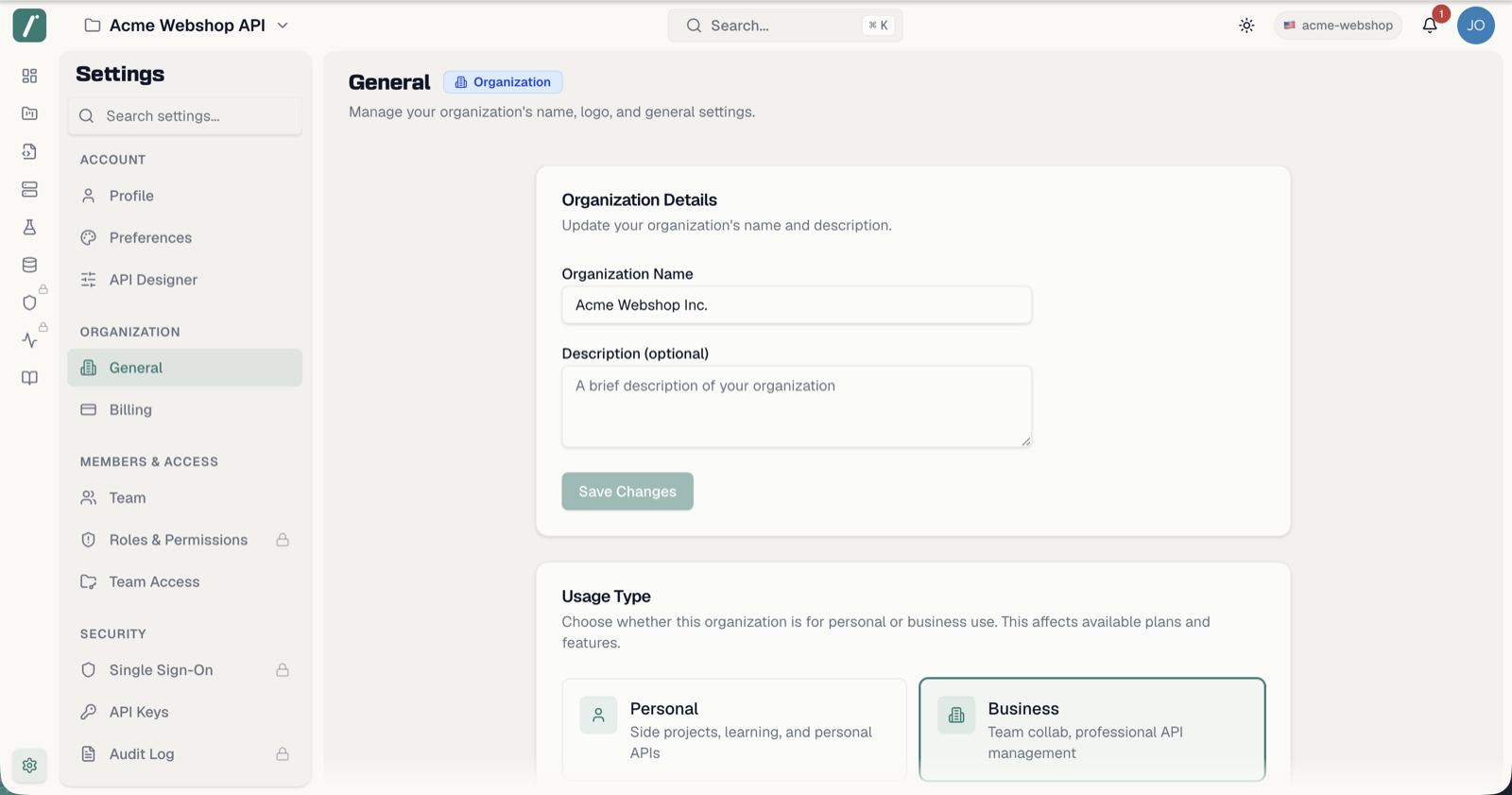 The General organization settings page with name, description and logo