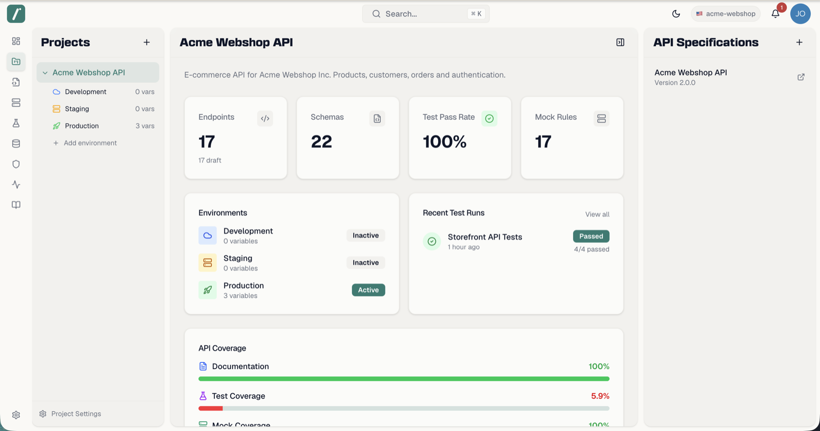 The Projects page with the project list, overview dashboard, and API specifications panel