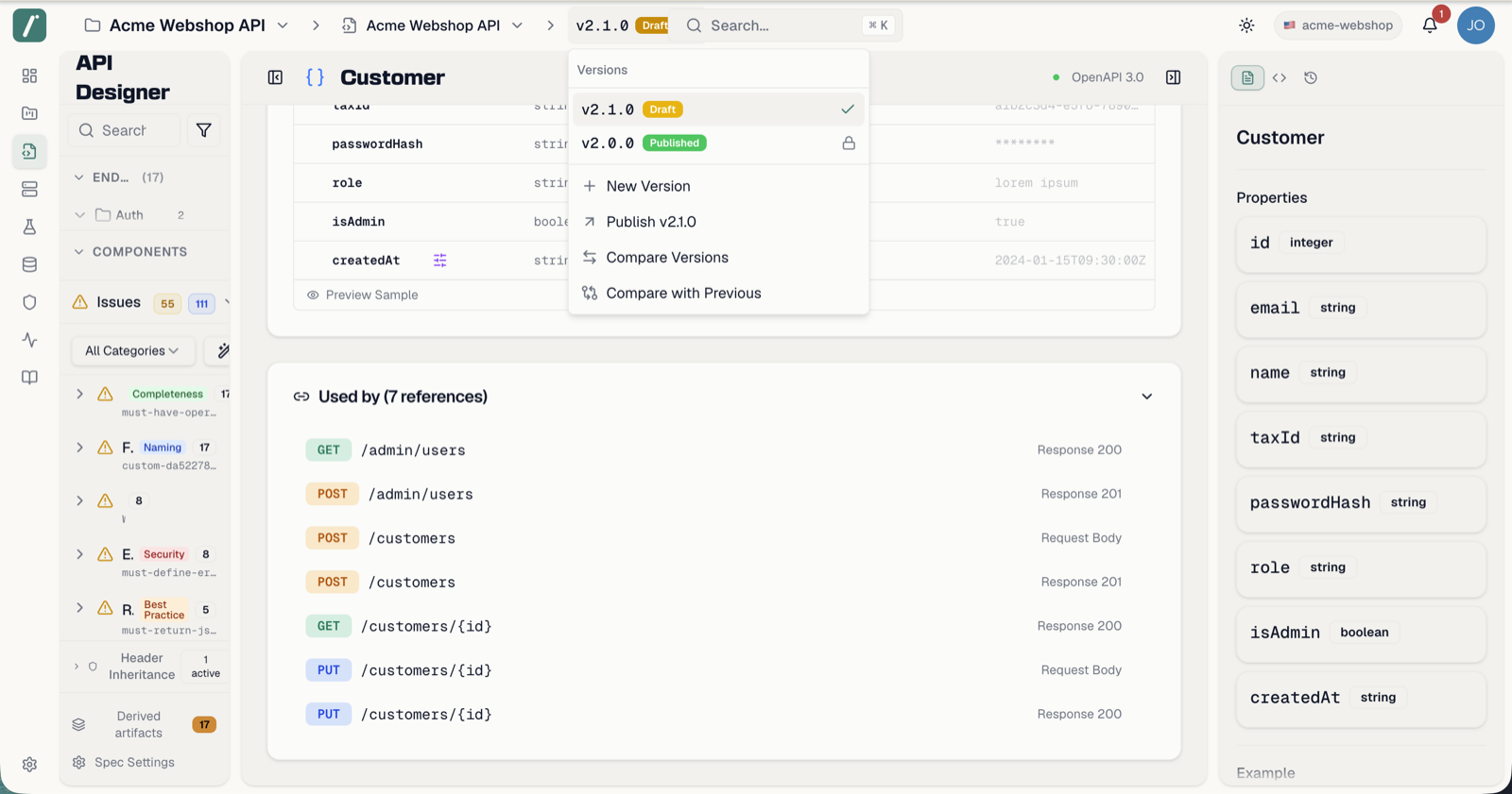 The version switcher in the header showing versions grouped by status with lock icons