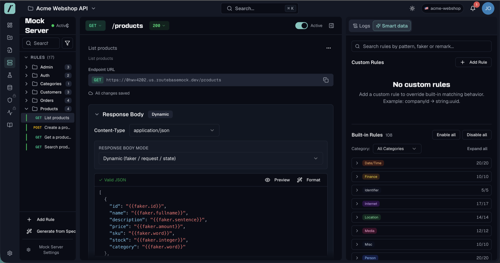 Smart data tab with built-in rule categories and a custom matching rule
