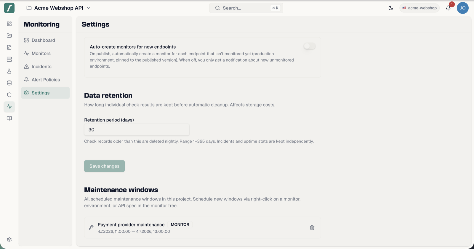 The maintenance windows list in Monitoring Settings