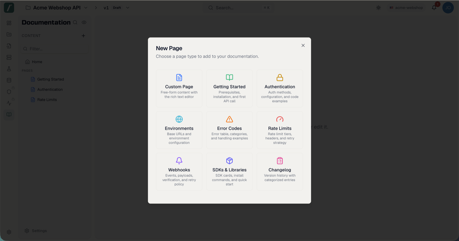 The template picker with the template list and content preview