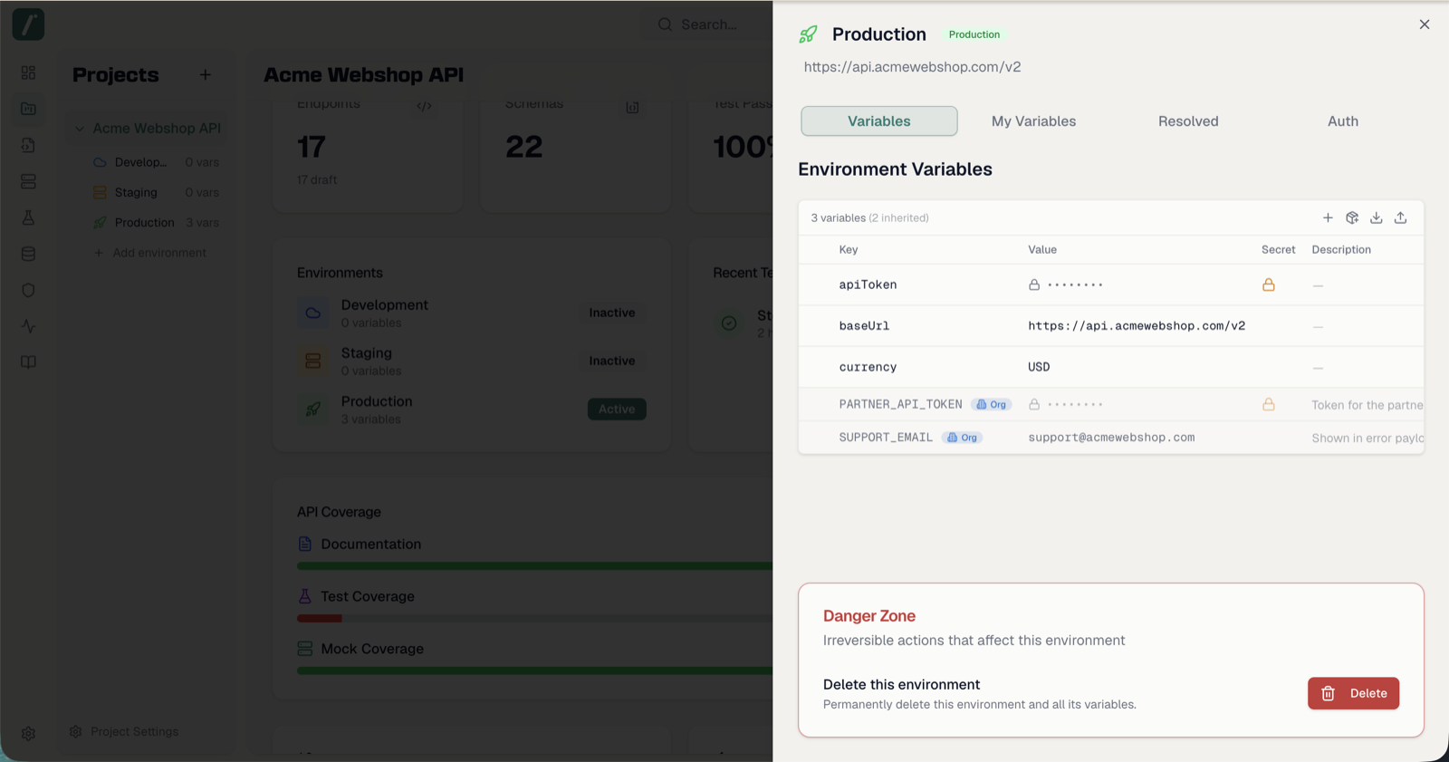 The environment detail sheet with the Variables tab open