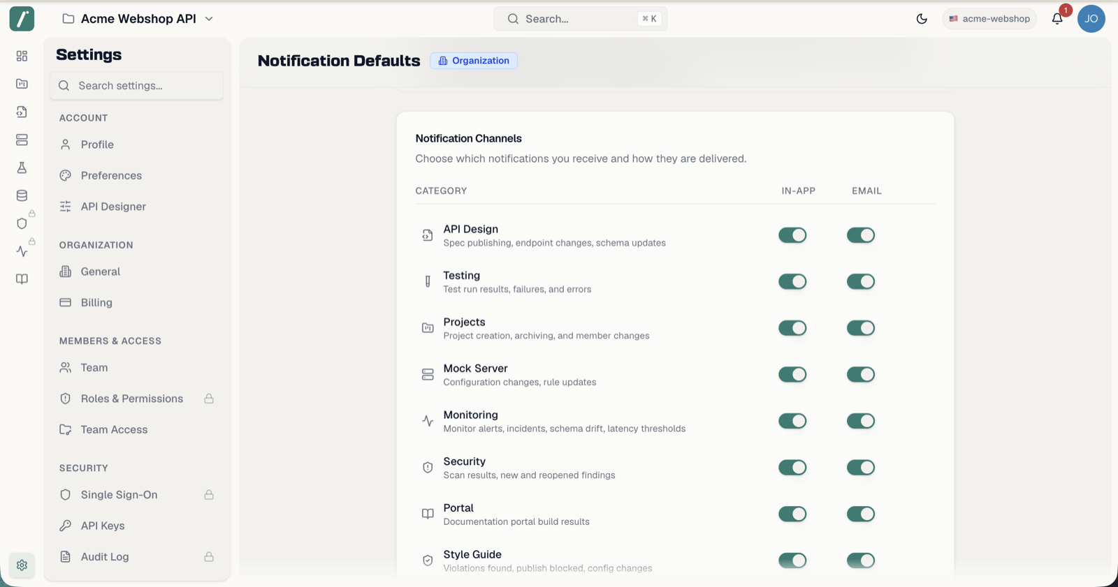 The organization notification defaults matrix with In-App and Email toggles