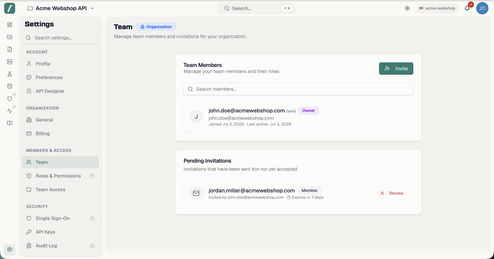 The Team Members list with role badges and the Invite button