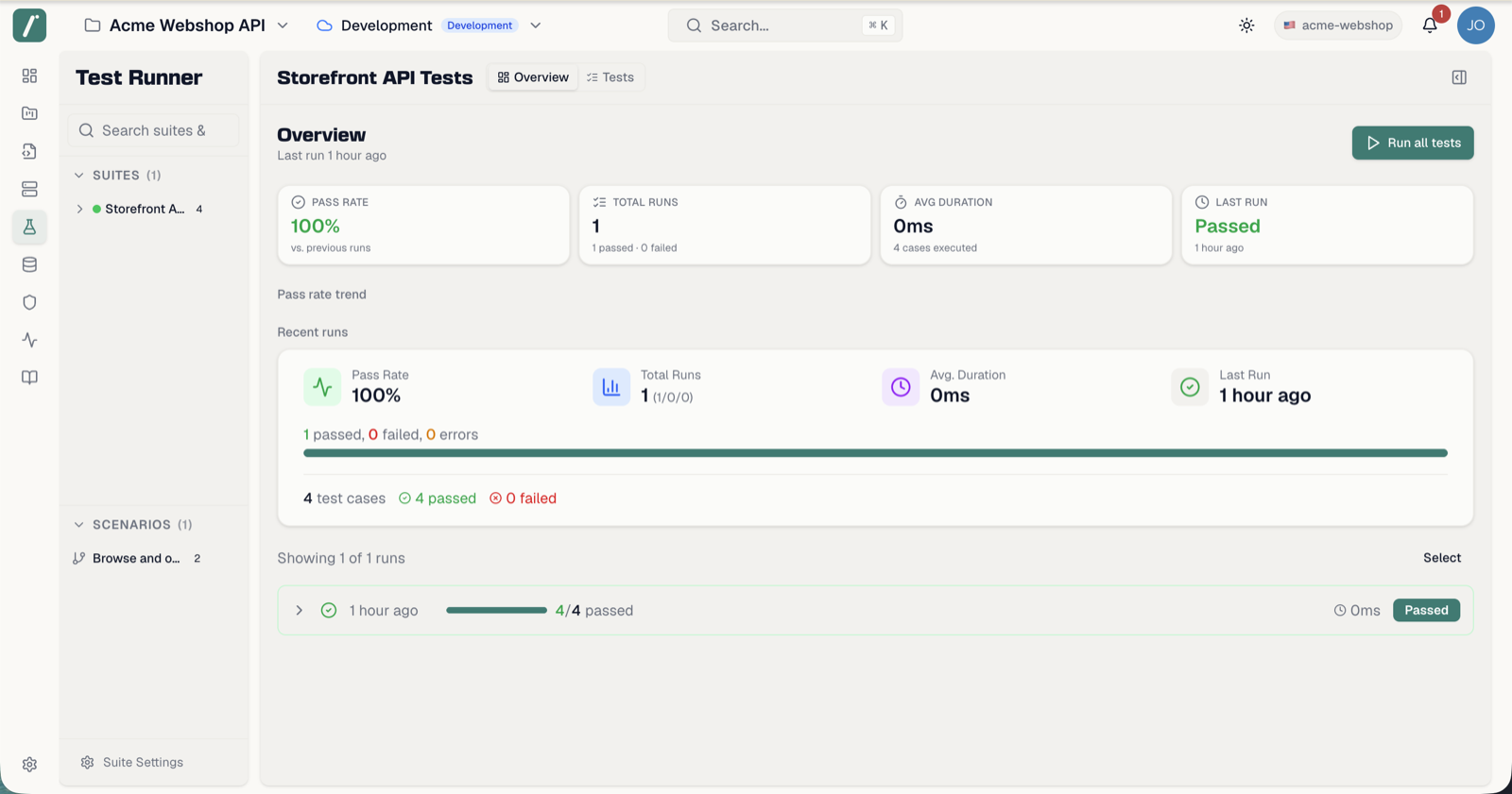 The Test Runner page with suite tree, test case list and results panel
