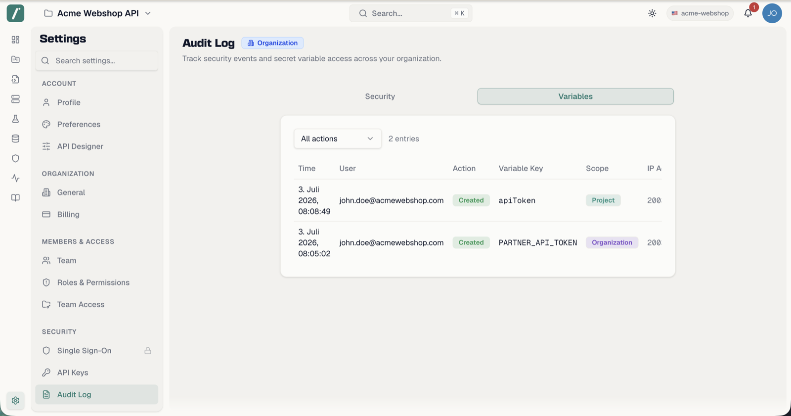 The Variables tab showing secret variable reveals with scope and IP address