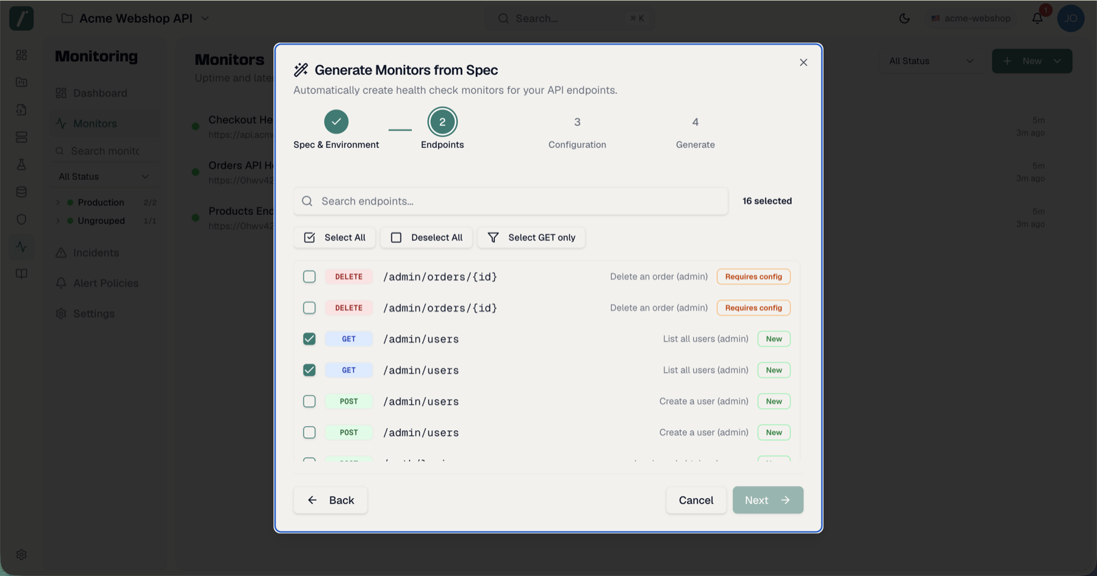 Generate from Spec wizard on the endpoint selection step