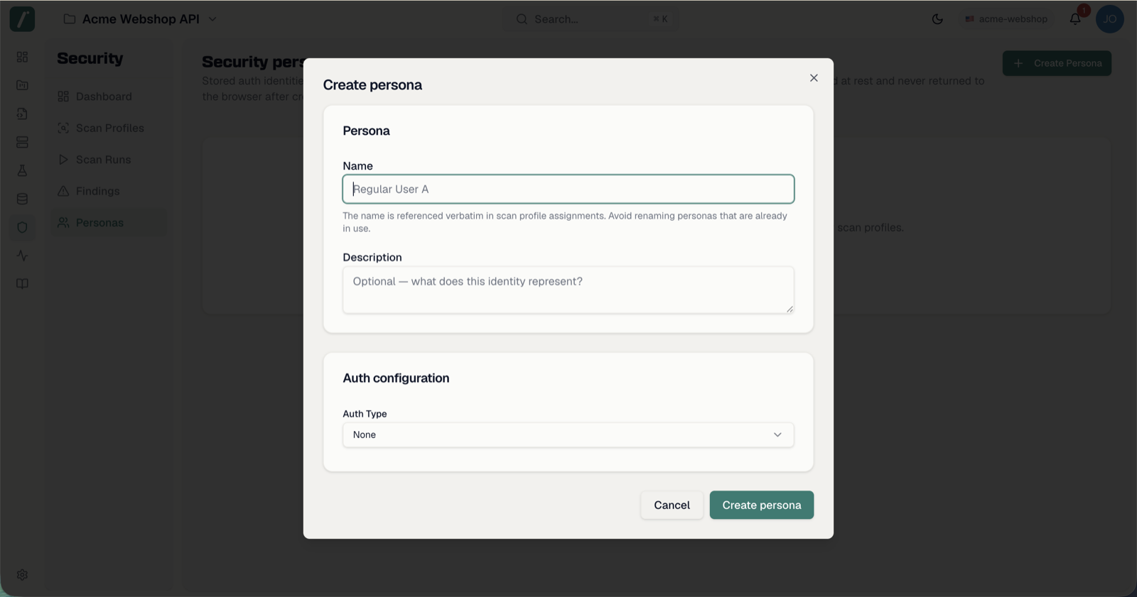 Persona create dialog showing the name field and the auth type selector