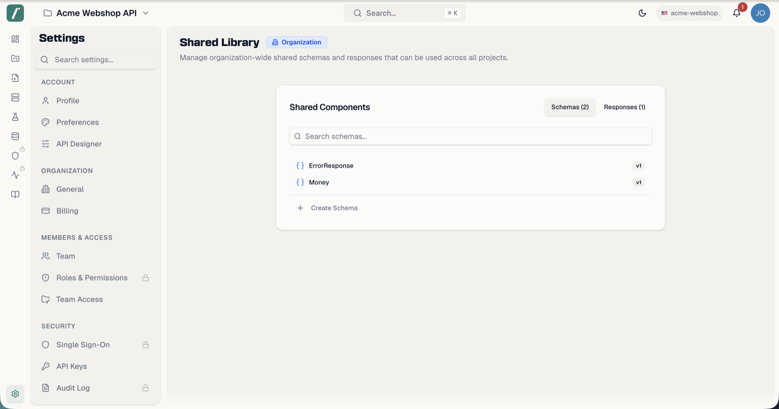 The Shared Library settings page with the Schemas and Responses tabs