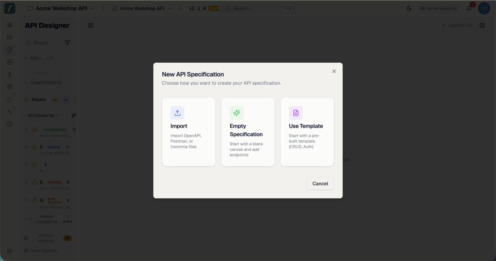 The New API Specification wizard with import, empty and template modes
