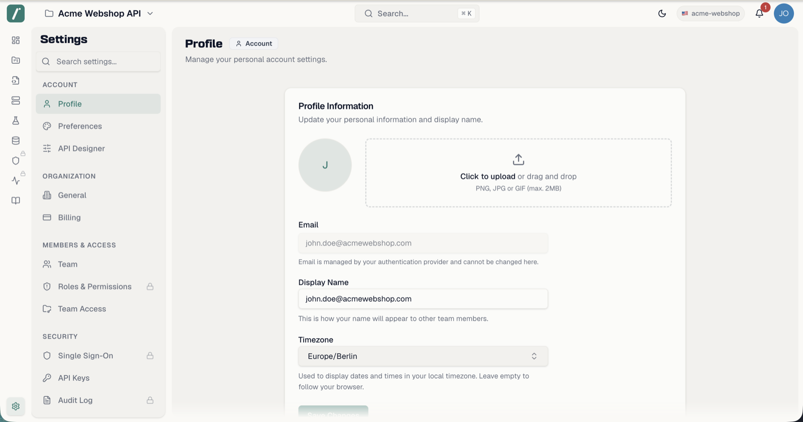 The Profile settings page with avatar, display name and timezone fields