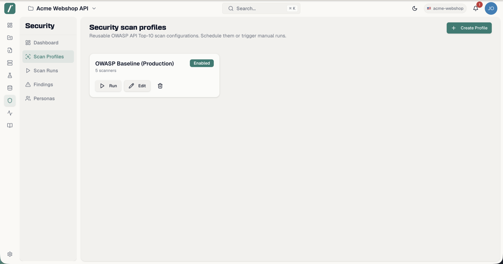 Scan profile cards with Run, Edit, and delete actions