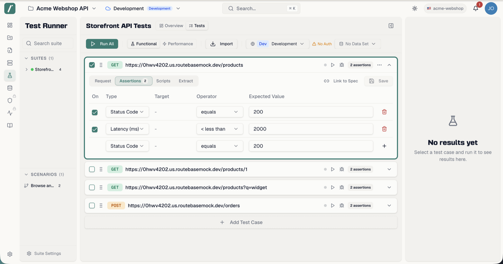 An expanded test case with request editor and assertions table