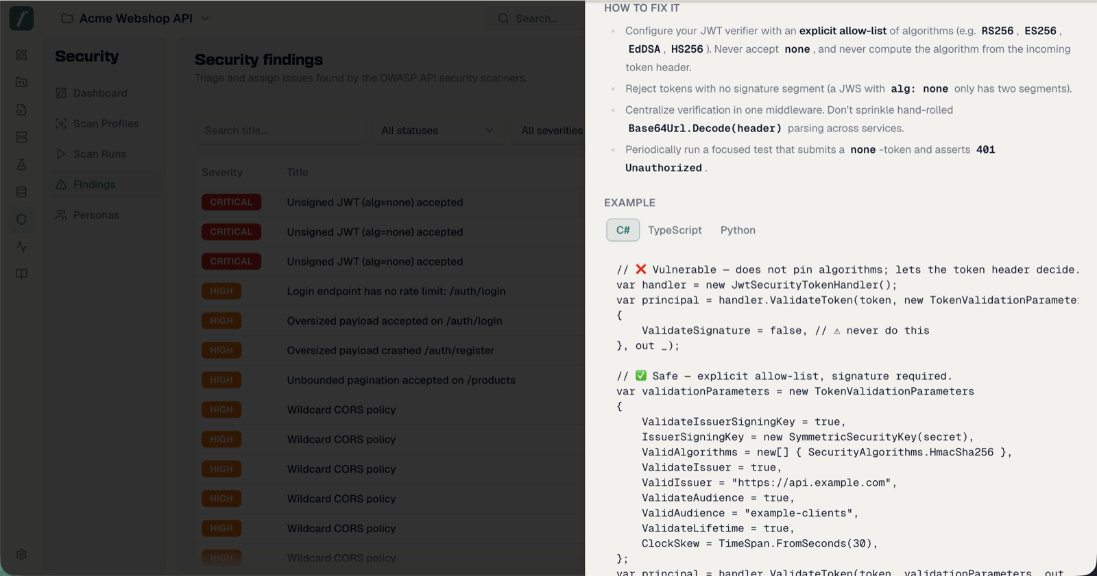 Finding detail side sheet showing the Guidance tab with remediation and code example