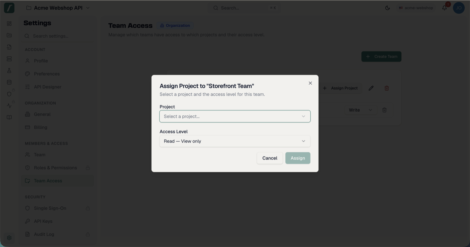 The Assign Project dialog with project and access level selection