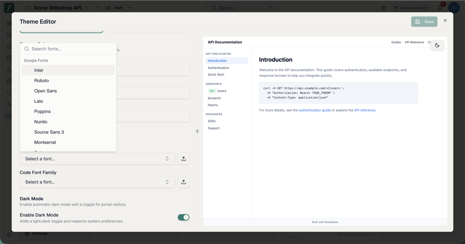 Theme selection and custom colors with the font picker open