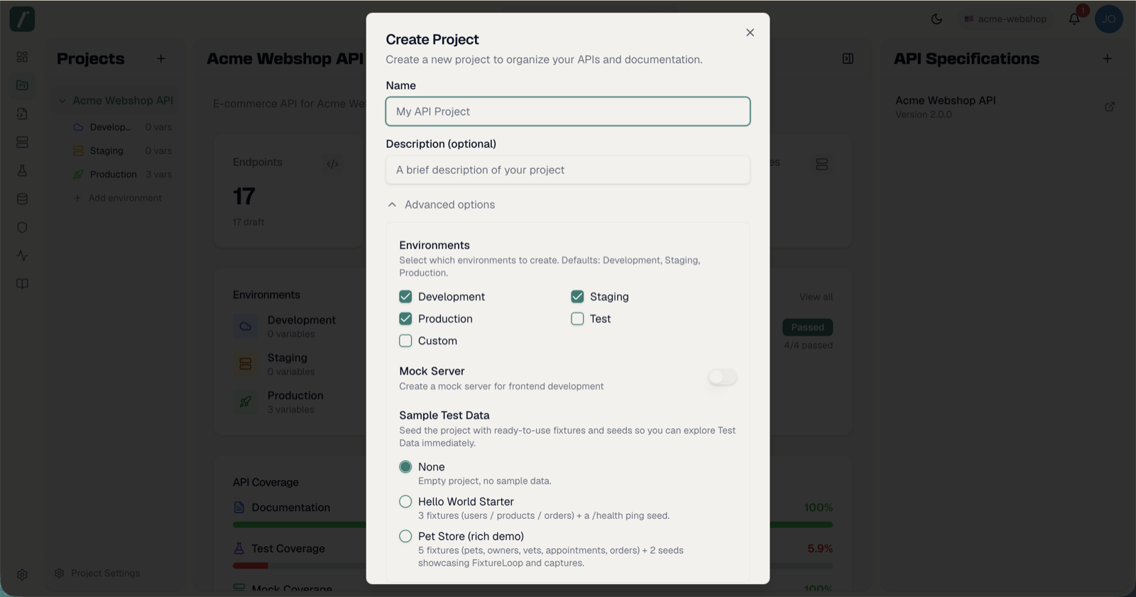 The Create Project dialog with advanced options expanded