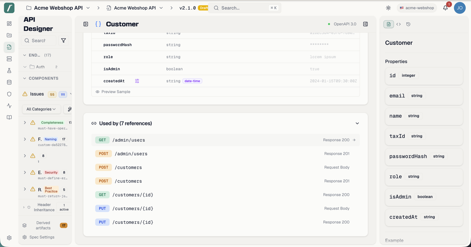 The schema list with usage counts
