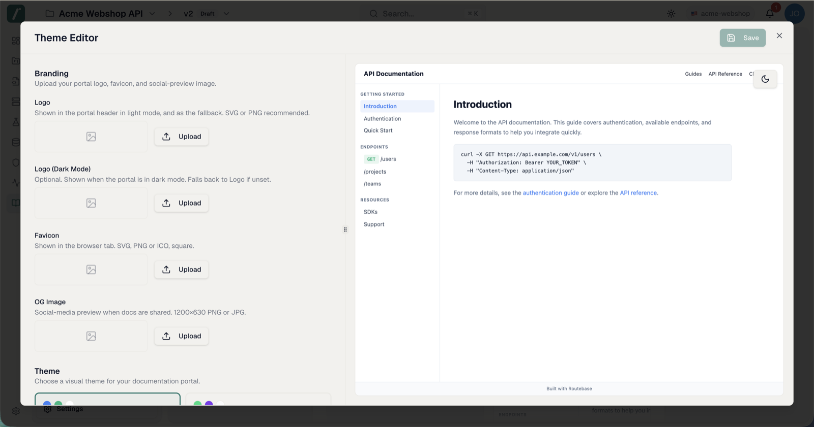 The theme editor with settings on the left and the live preview on the right