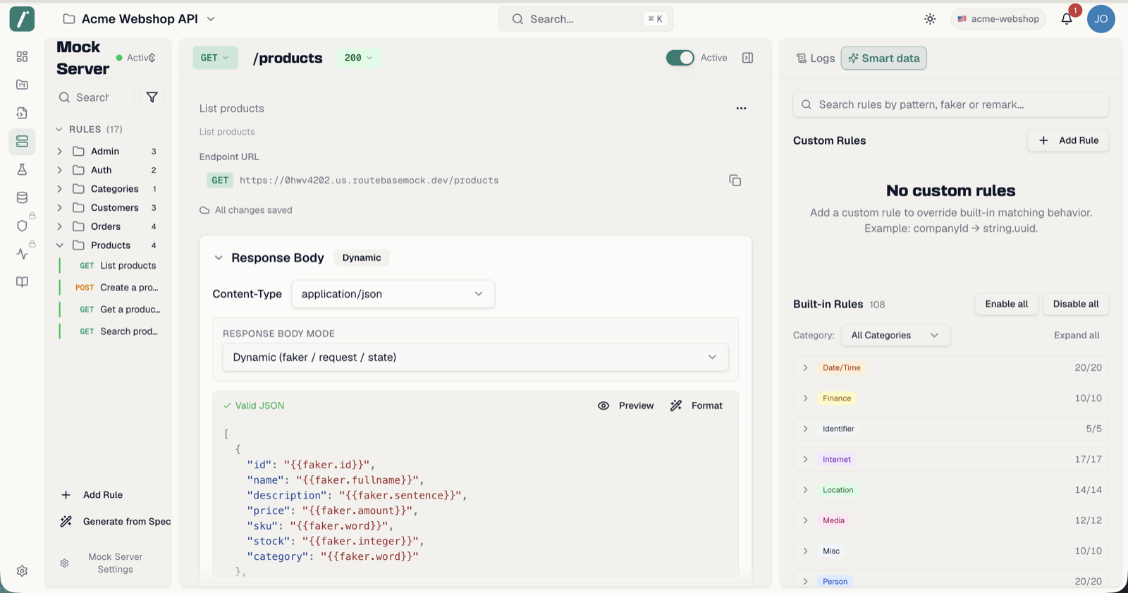 Smart data tab with built-in rule categories and a custom matching rule