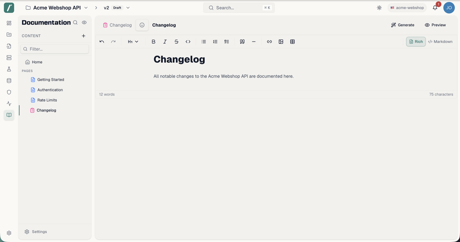 A changelog page in the editor with the Generate button in the header