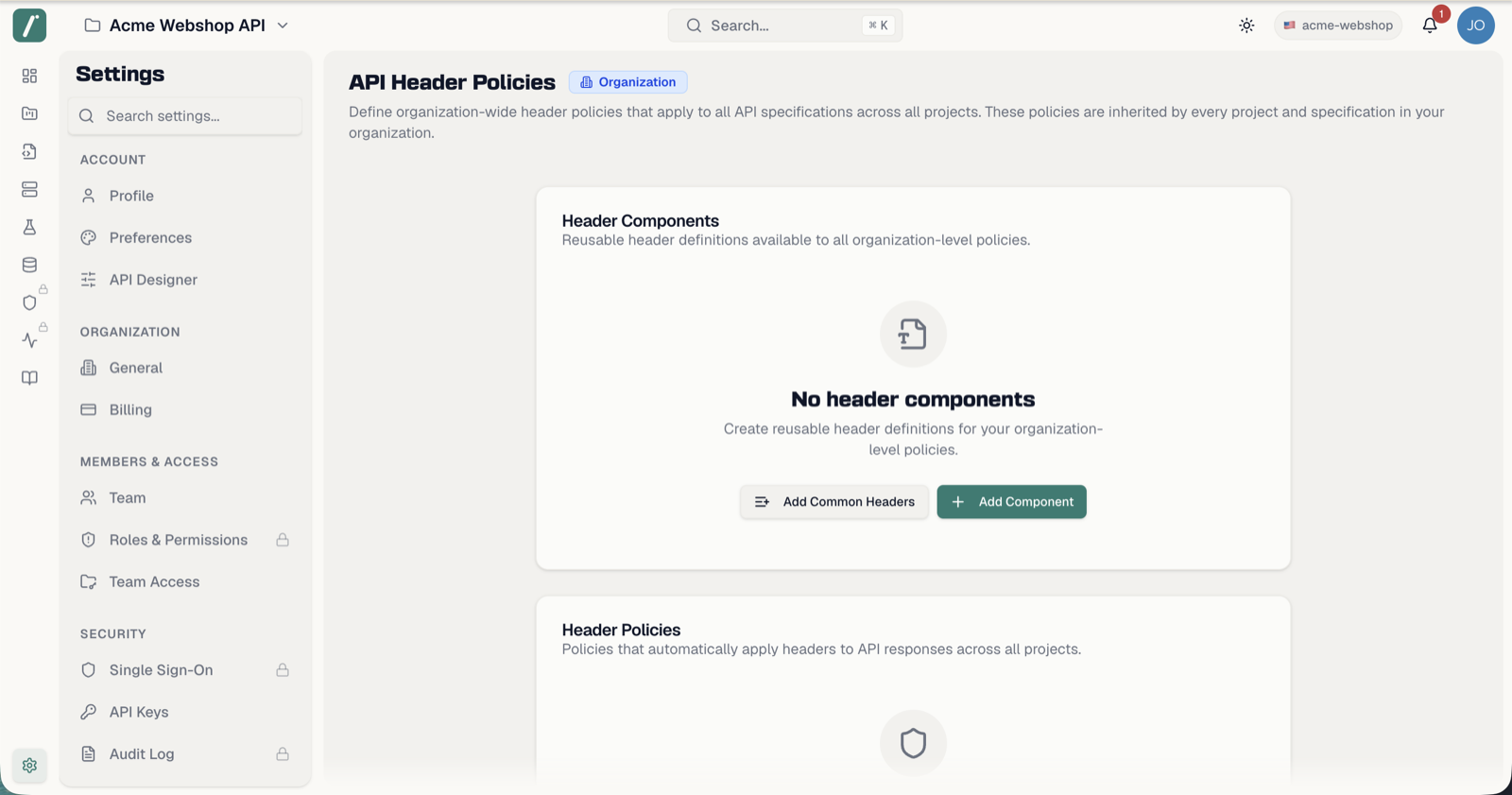 The API Header Policies settings page with the policy list and header components card