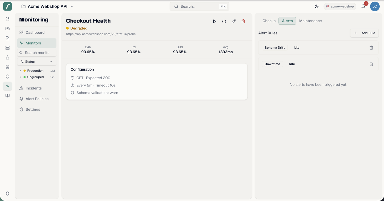 A monitor's Alerts tab with alert rules and history