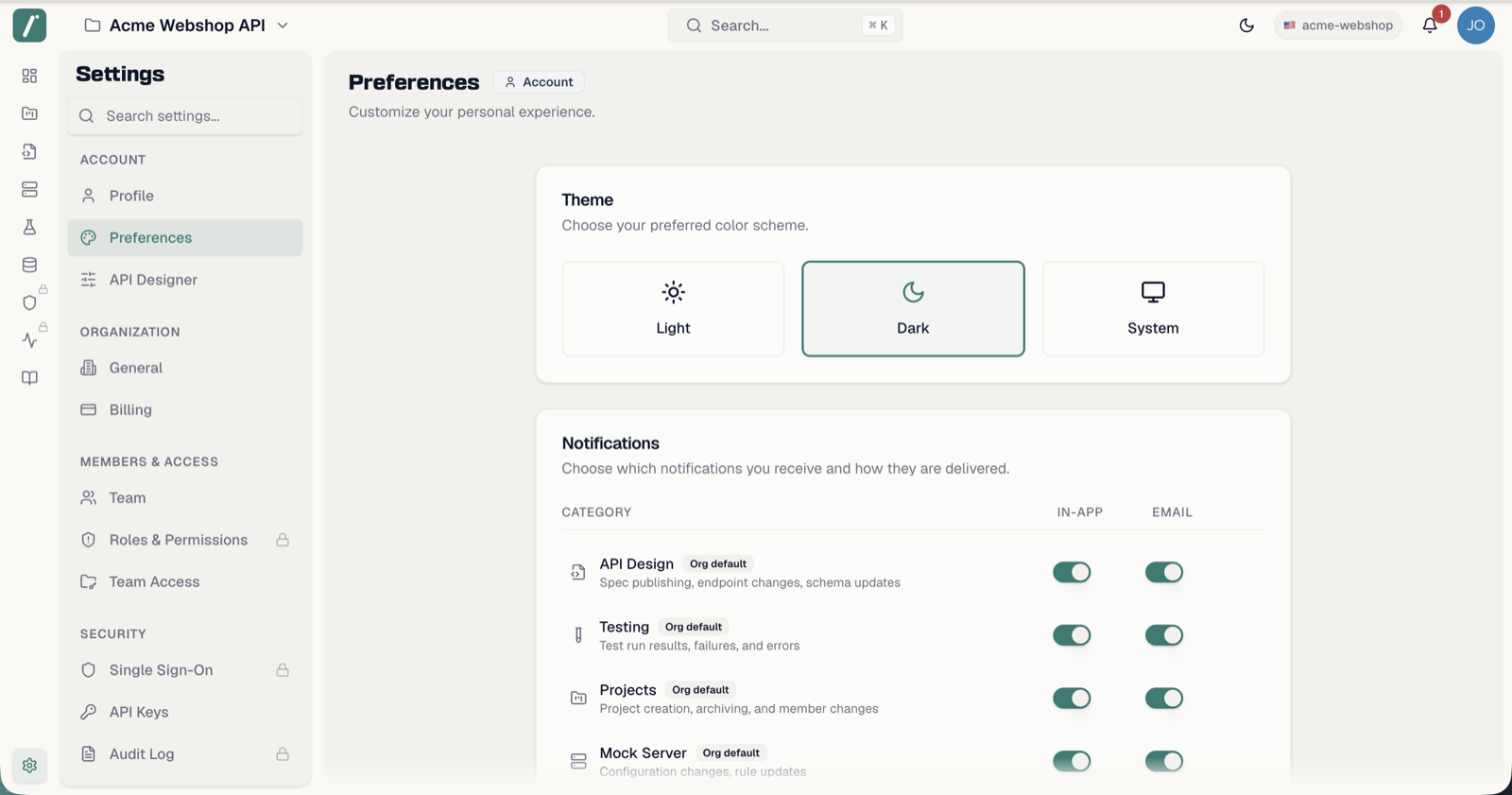 The Preferences page with the three theme options