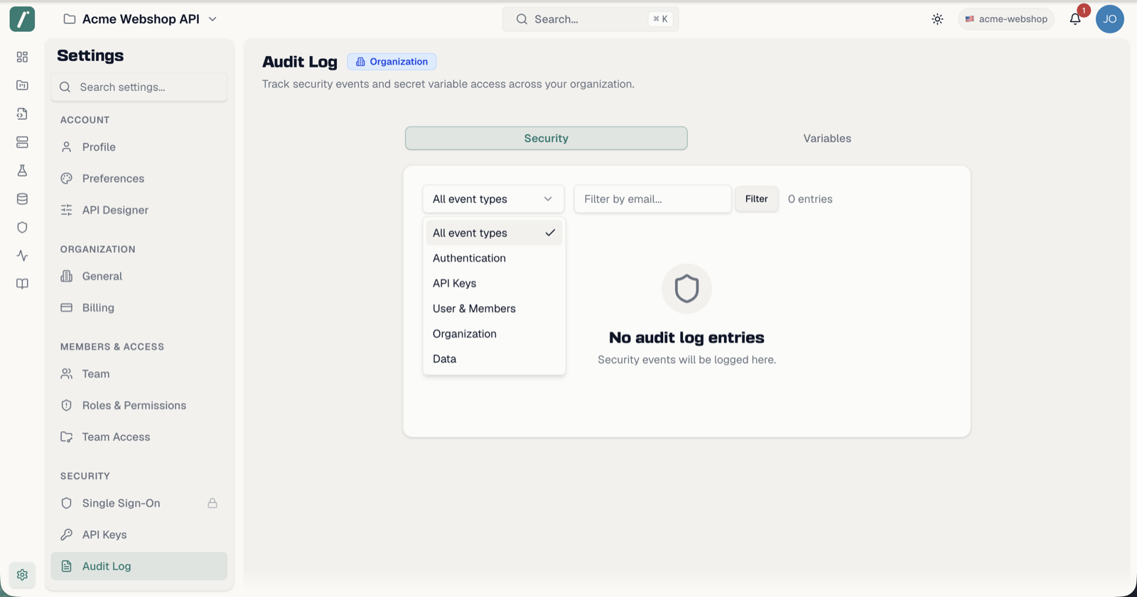 The Audit Log page on the Security tab with event type filters