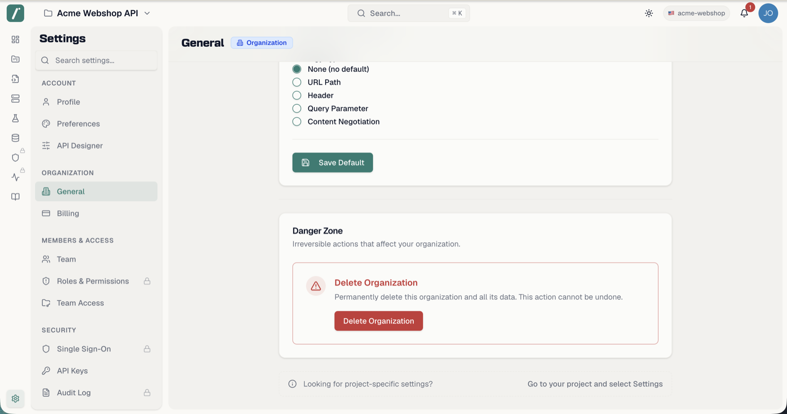 The danger zone with leave and delete organization actions