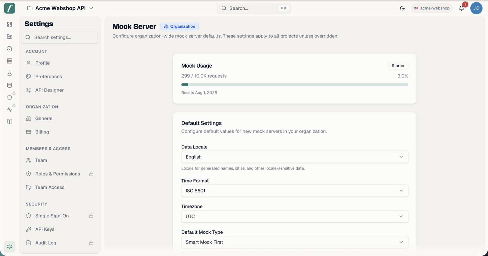 Organization mock server settings with default settings and matching rule cards
