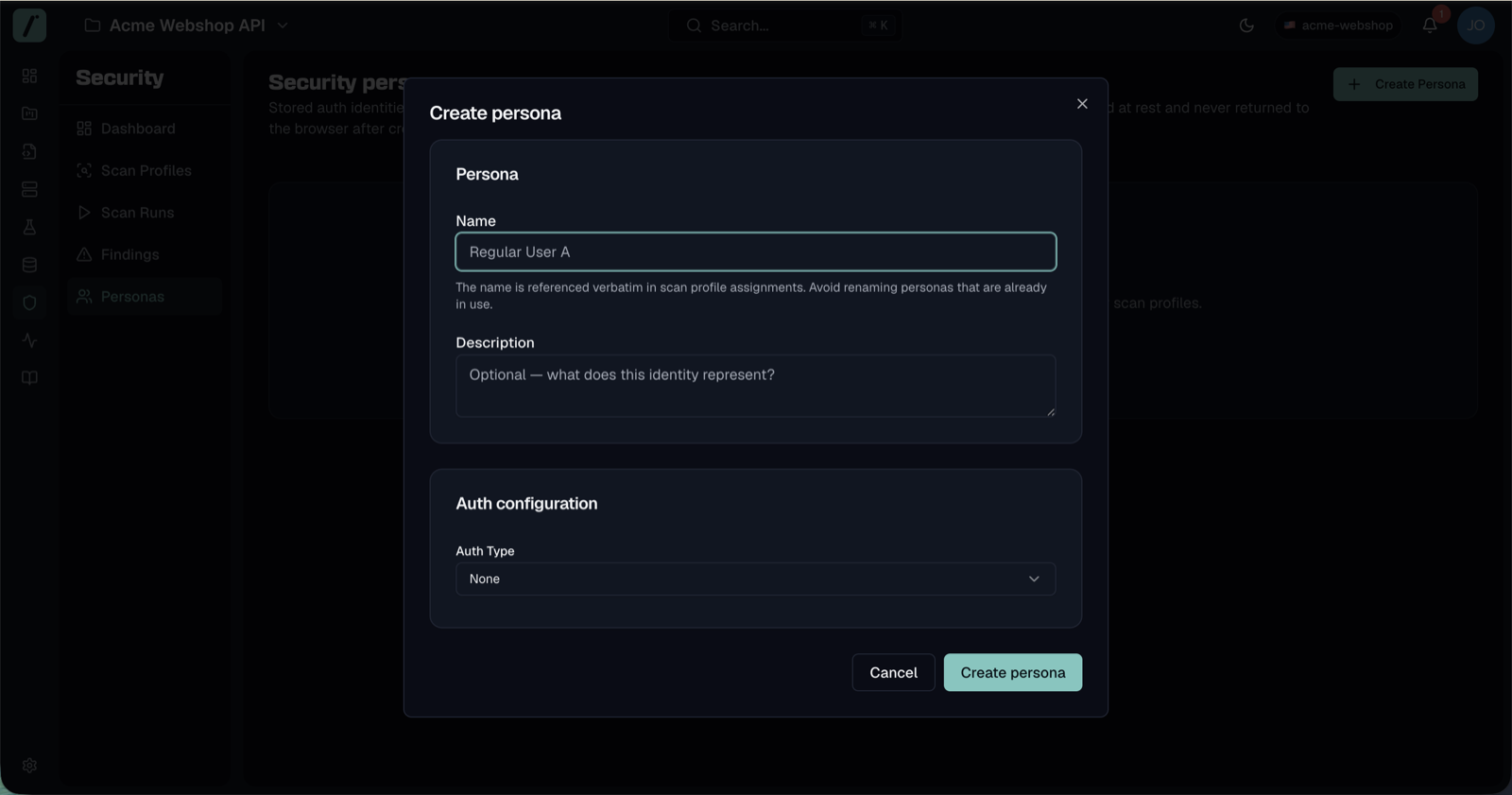 Persona create dialog showing the name field and the auth type selector